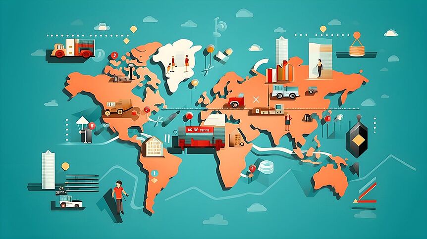 Weltkarte, auf der Firmen, Transport und Menschen dargestellt werden. 