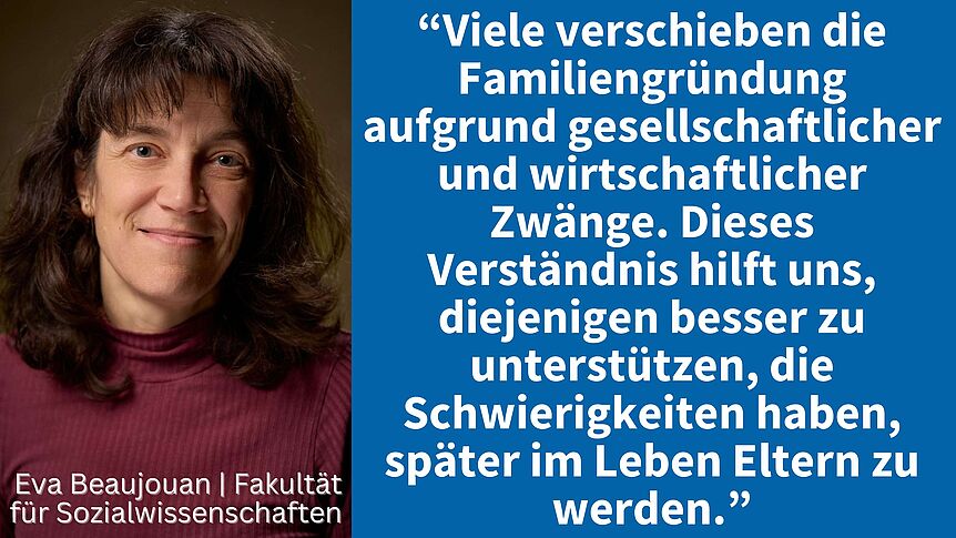 Zitat Eva Beaujouan: “Viele verschieben die Familiengründung aufgrund gesellschaftlicher und wirtschaftlicher Zwänge. Dieses Verständnis hilft uns, diejenigen besser zu unterstützen, die Schwierigkeiten haben, später im Leben Eltern zu werden.”
