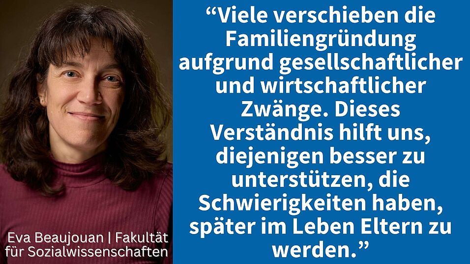 Zitat Eva Beaujouan: “Viele verschieben die Familiengründung aufgrund gesellschaftlicher und wirtschaftlicher Zwänge. Dieses Verständnis hilft uns, diejenigen besser zu unterstützen, die Schwierigkeiten haben, später im Leben Eltern zu werden.”