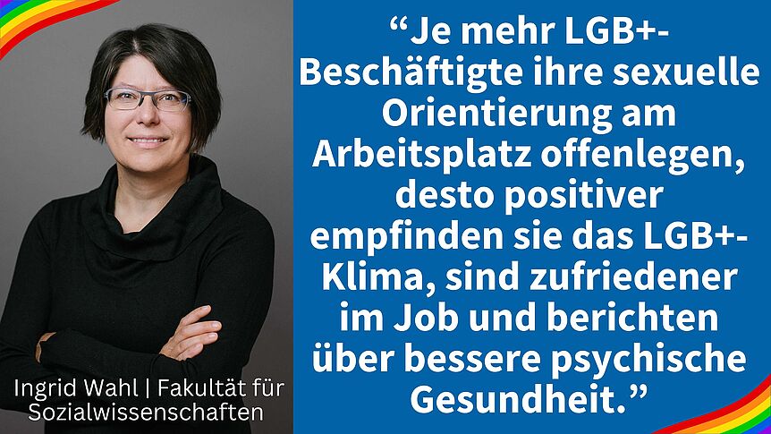 Zitat Ingrid Wahl: Je mehr LGB+-Beschäftigte ihre sexuelle Orientierung am Arbeitsplatz offenlegen, desto positiver empfinden sie das LGB+-Klima, sind zufriedener im Job und berichten über bessere psychische Gesundheit.